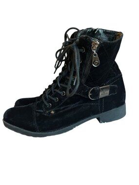 GUESS Black Velvet Combat Boots Quilted Lace Up Buckle Moto Size 8